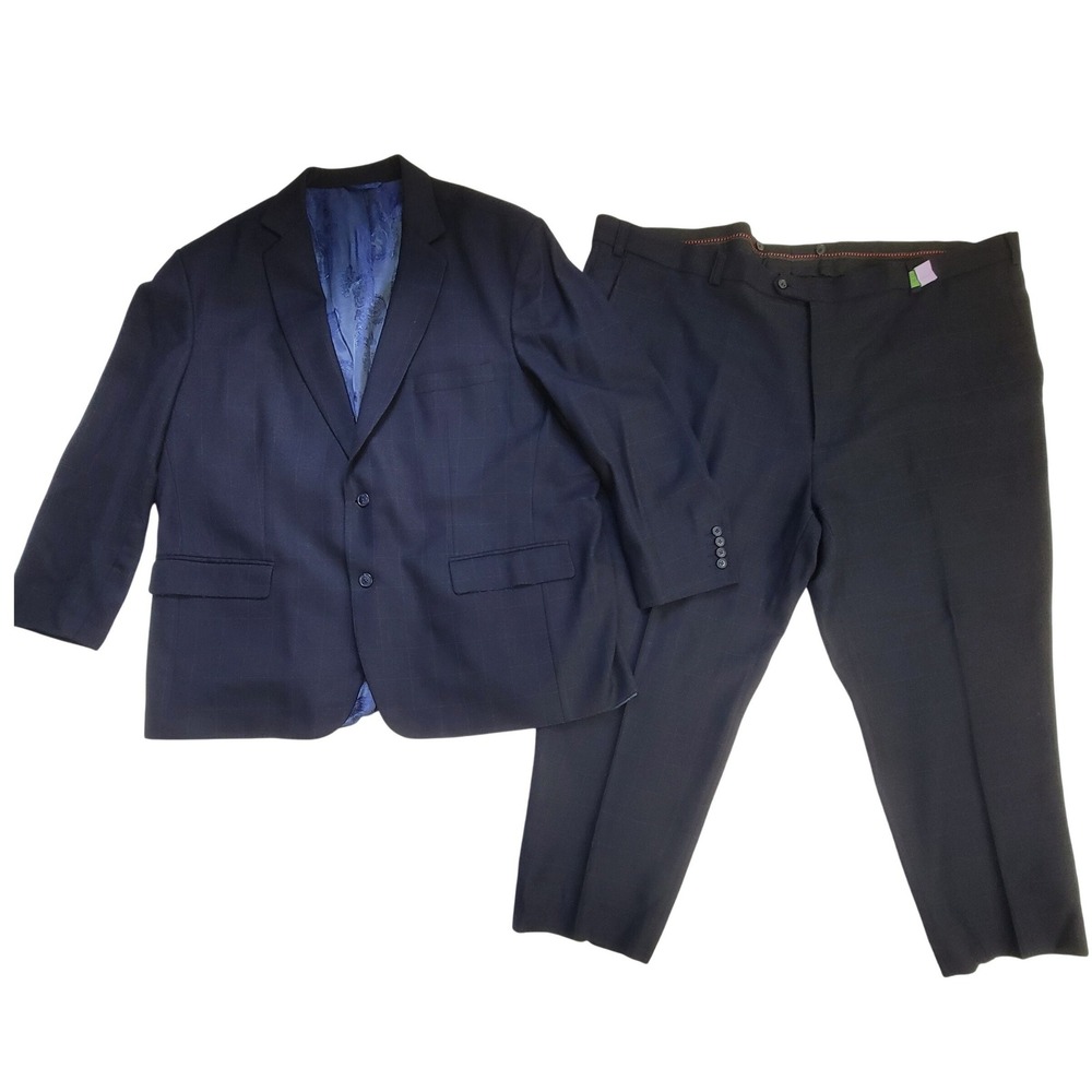 Excelsior Fine Tailoring Navy Windowpane 2 Piece Suit 55R jacket 55x28 pant Big‎